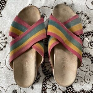 Papucei Multi Colored Leather Strip Criss Cross Ribbed Bottom Slides